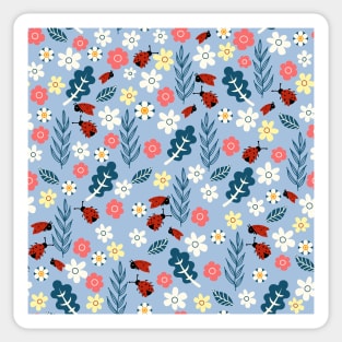 Spring meadow in bloom with ladybirds on sky blue background Sticker